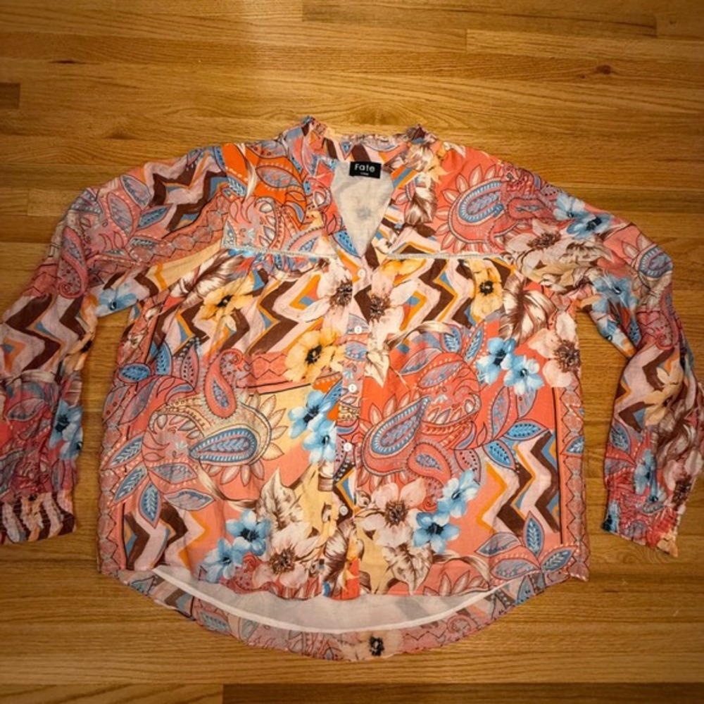 Fate Boho Floral Blouse Large | Sheer Button Down Festival Top‎